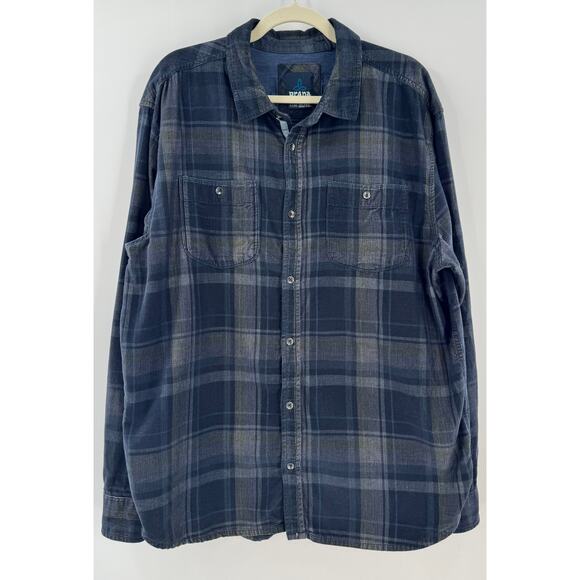 PrAna Men's Lybeck Corduroy Flannel Shirt Navy Plaid Button Down XL Cotton - Picture 1 of 7